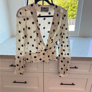 Reformation White and Black Wrap Blouse with Notched Collar